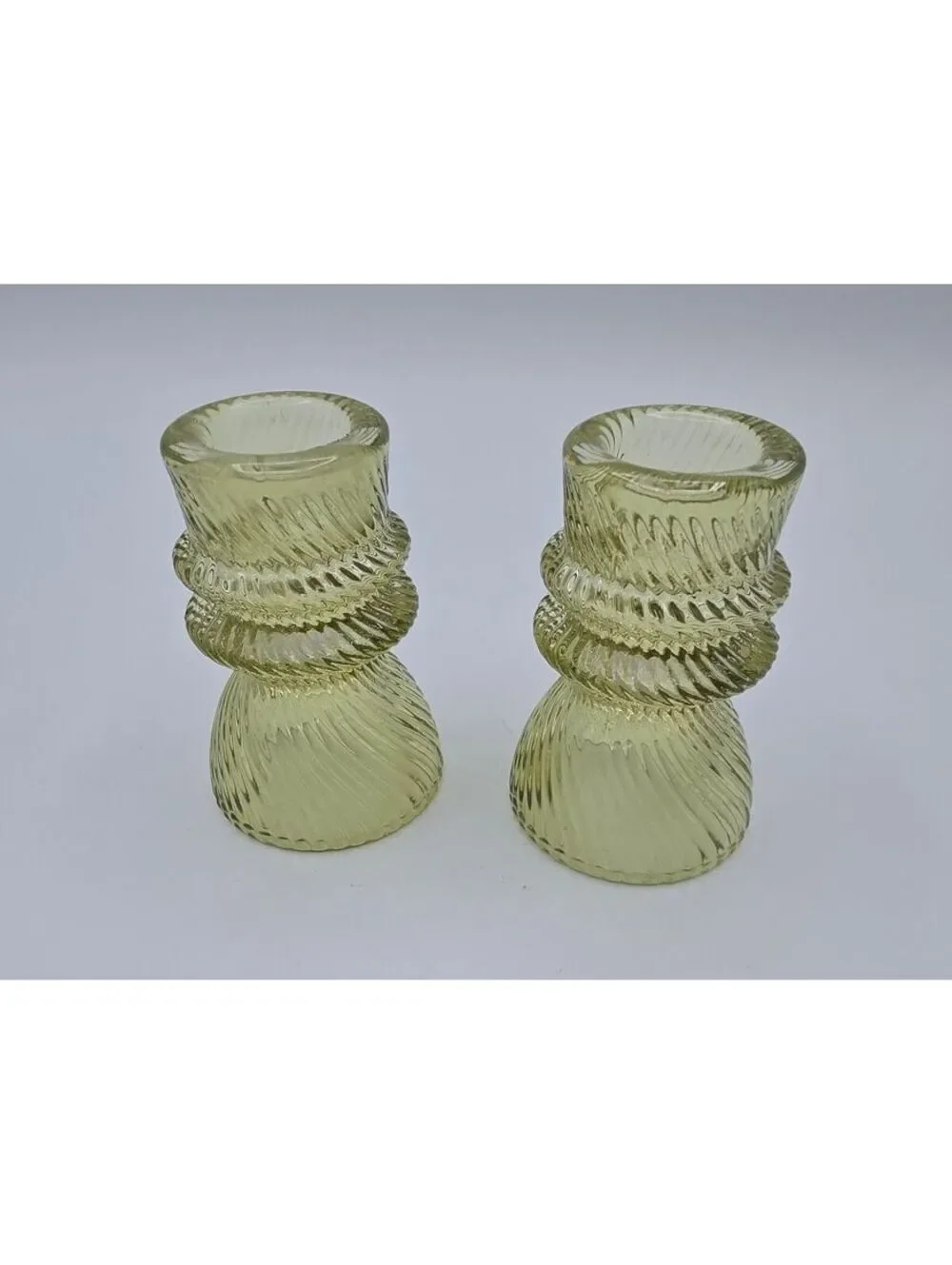 Vintage Green Glass Reversible Candle Holders Pair Spiral Ribbed 3